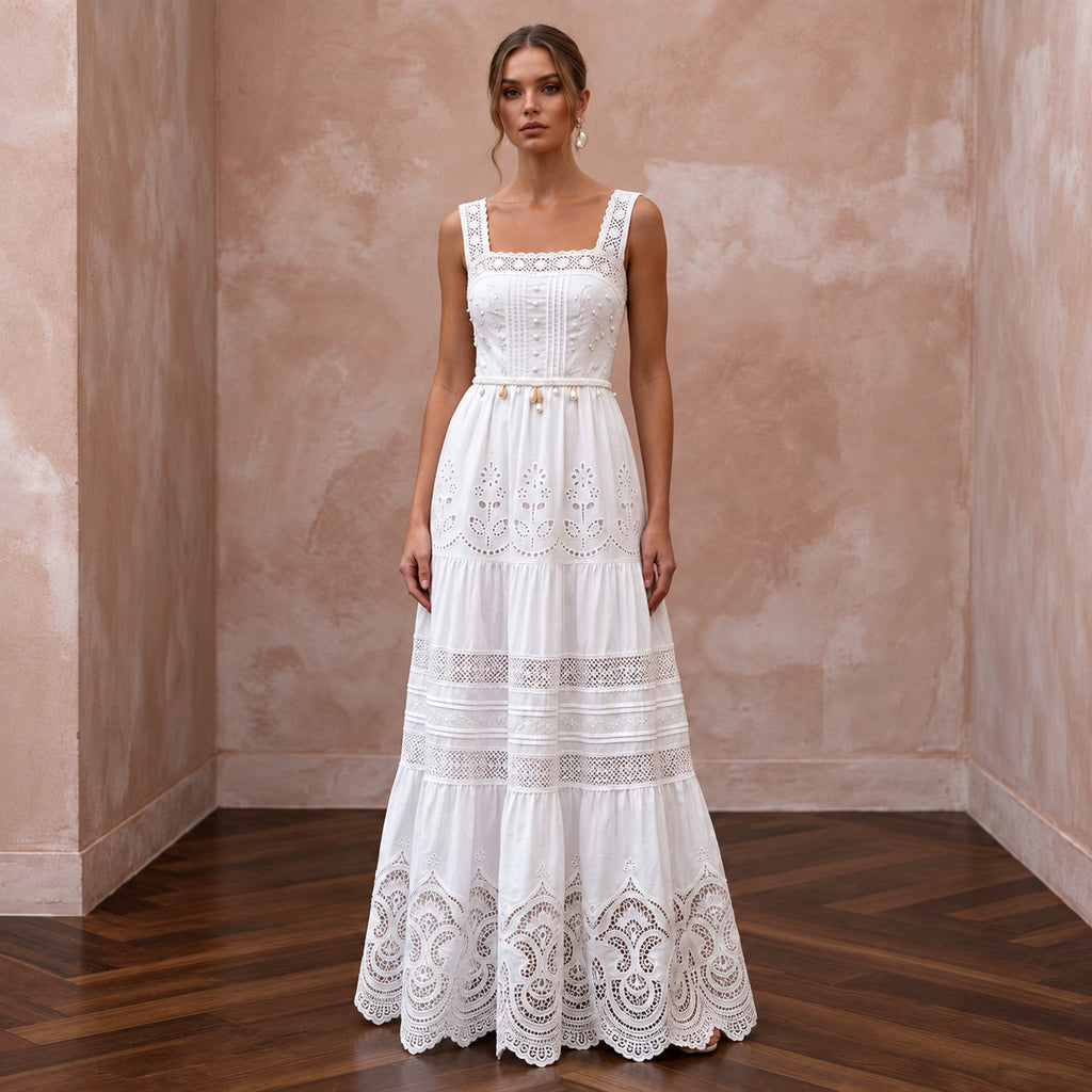 Pure White Cotton Poplin Tiered Skirt Boho Bridal Dress