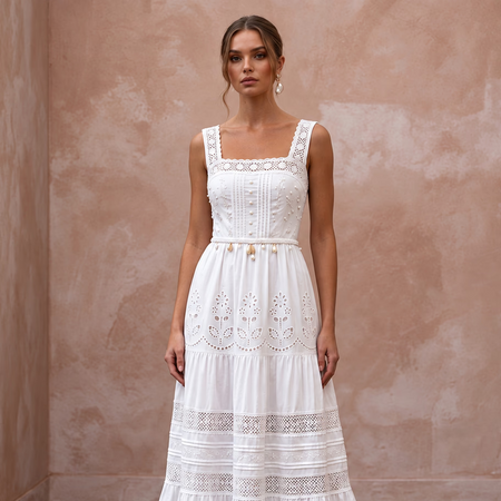 Pure White Cotton Poplin Tiered Skirt Boho Bridal Dress