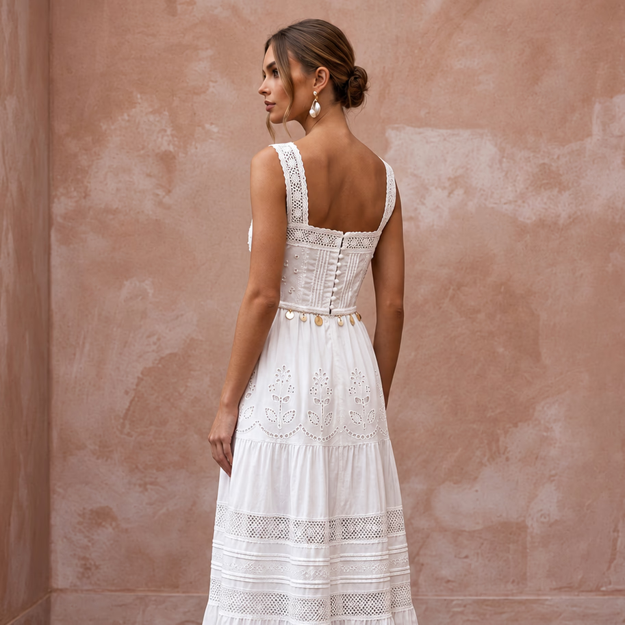 Pure White Cotton Poplin Tiered Skirt Boho Bridal Dress