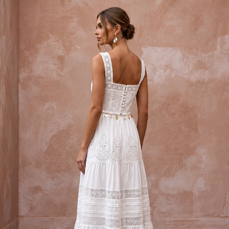 Pure White Cotton Poplin Tiered Skirt Boho Bridal Dress