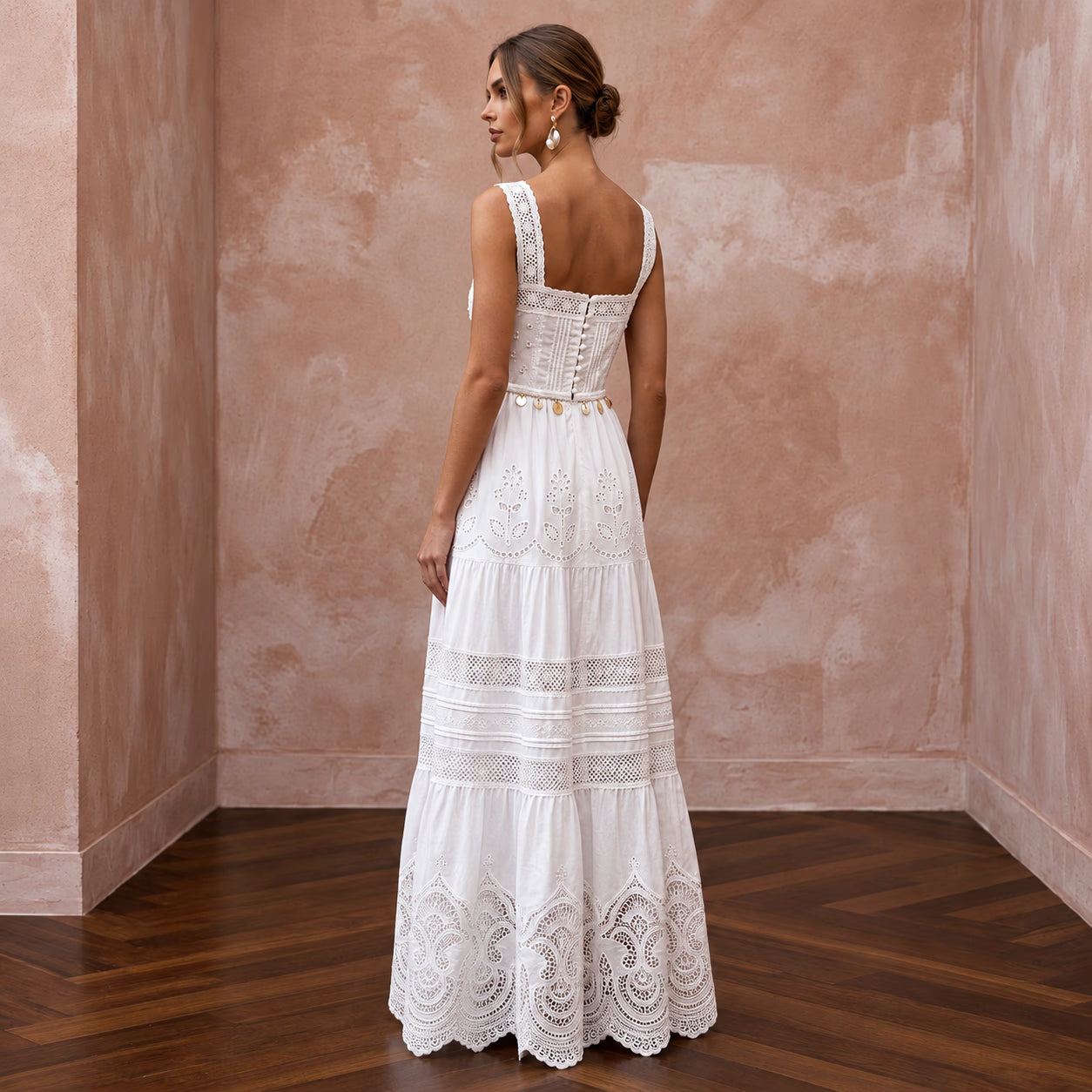 Pure White Cotton Poplin Tiered Skirt Boho Bridal Dress Secondary image