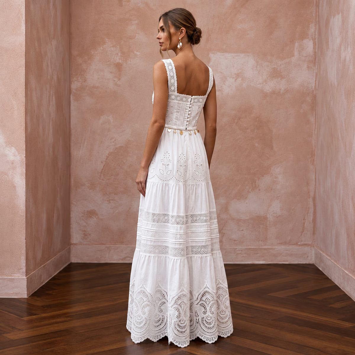 Pure White Cotton Poplin Tiered Skirt Boho Bridal Dress