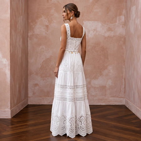 Pure White Cotton Poplin Tiered Skirt Boho Bridal Dress