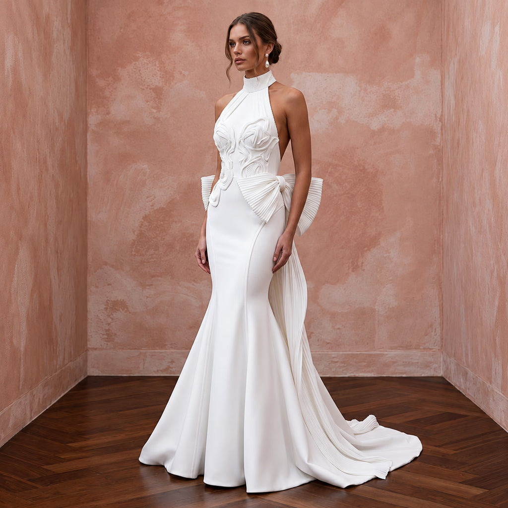 Pure White Heavy Crepe Halter Neck Trumpet Gown with Bow Detail