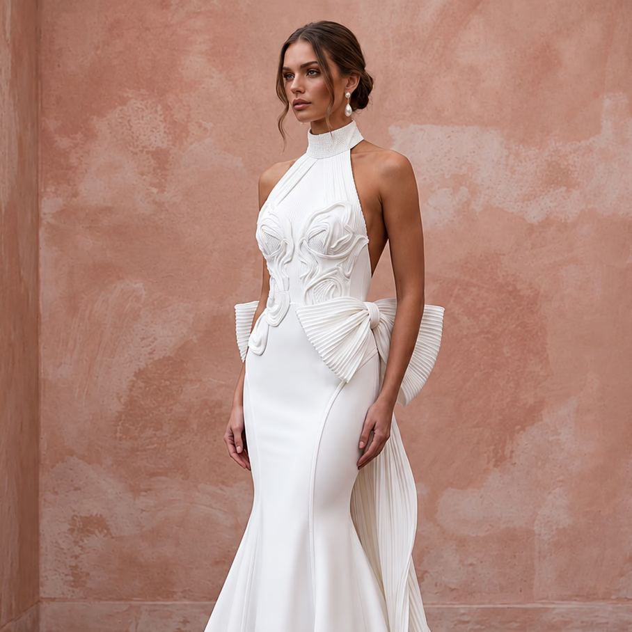 Pure White Heavy Crepe Halter Neck Trumpet Gown with Bow Detail
