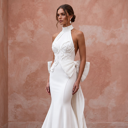 Pure White Heavy Crepe Halter Neck Trumpet Gown with Bow Detail
