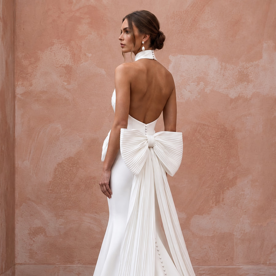 Pure White Heavy Crepe Halter Neck Trumpet Gown with Bow Detail