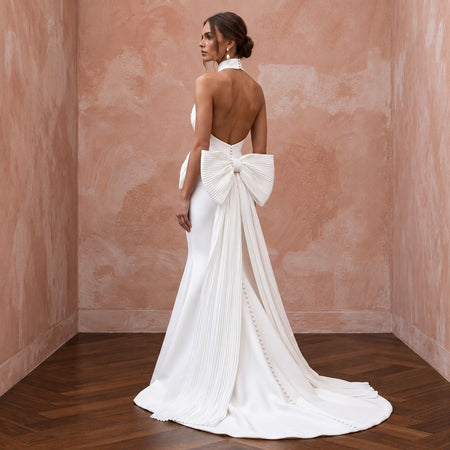 Pure White Heavy Crepe Halter Neck Trumpet Gown with Bow Detail