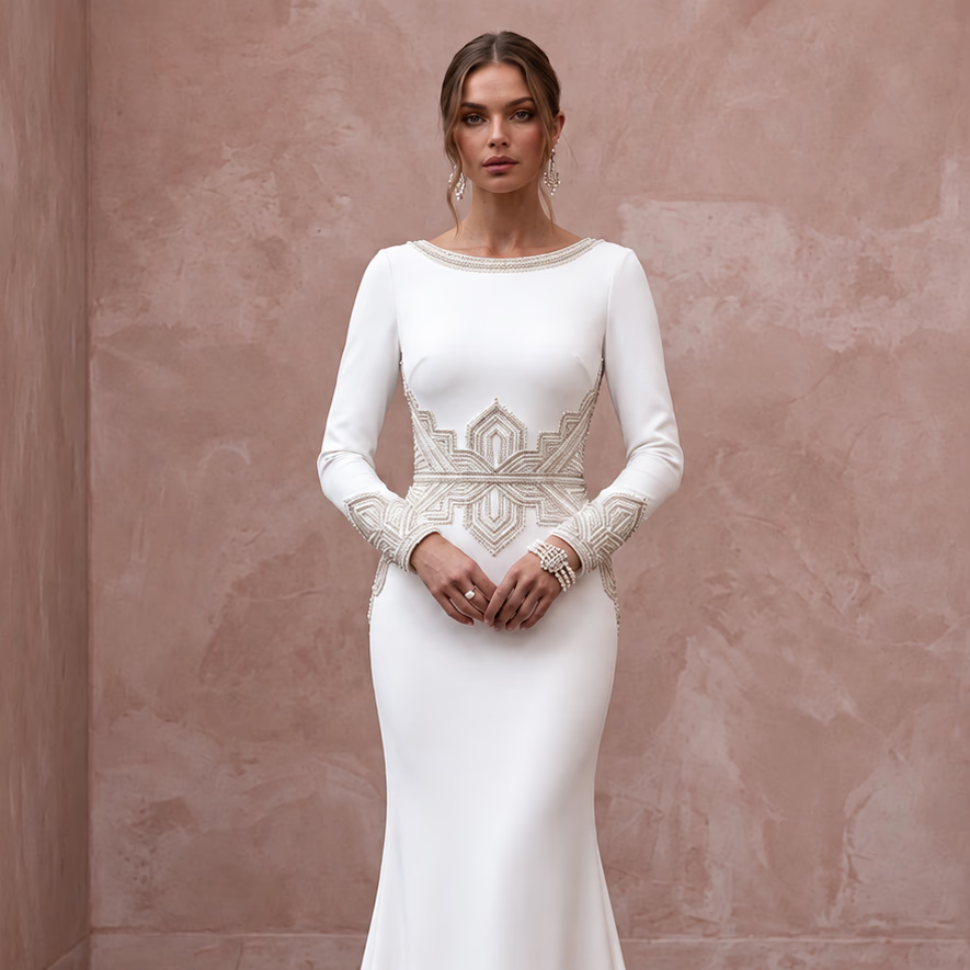 Pure White Heavy Crepe Long Sleeve Minimalist Mermaid Wedding Dress