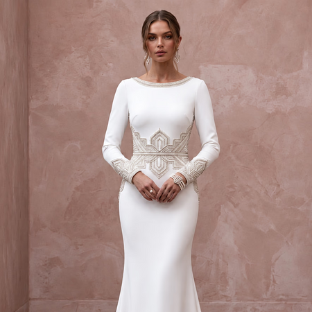Pure White Heavy Crepe Long Sleeve Minimalist Mermaid Wedding Dress