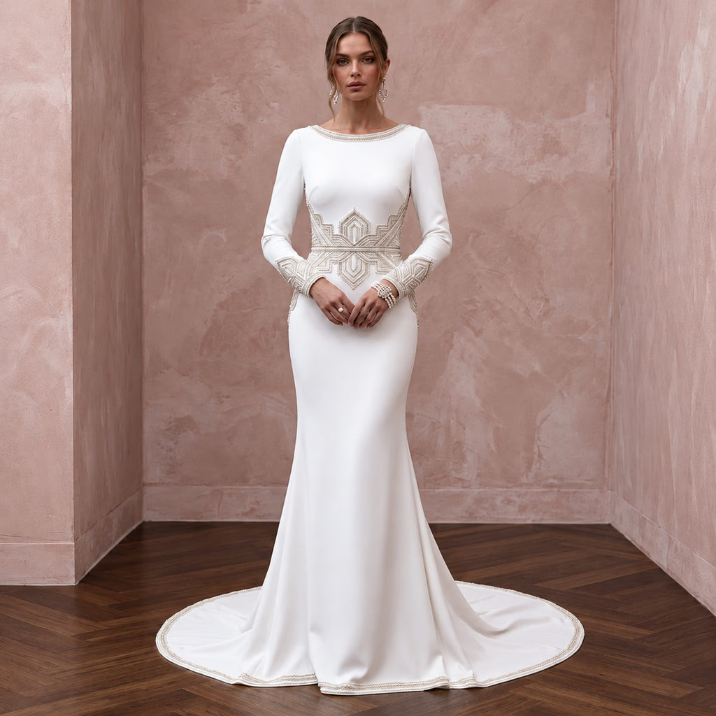 Pure White Heavy Crepe Long Sleeve Minimalist Mermaid Wedding Dress