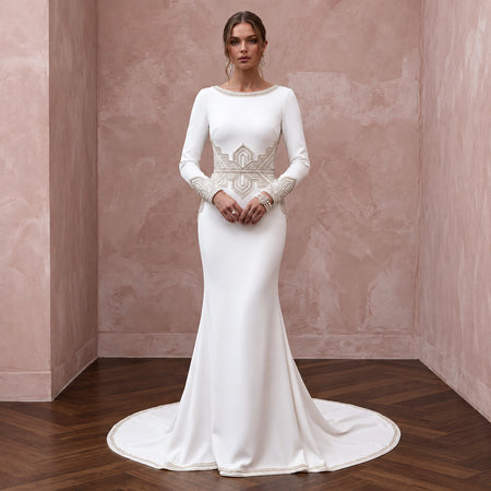Pure White Heavy Crepe Long Sleeve Minimalist Mermaid Wedding Dress