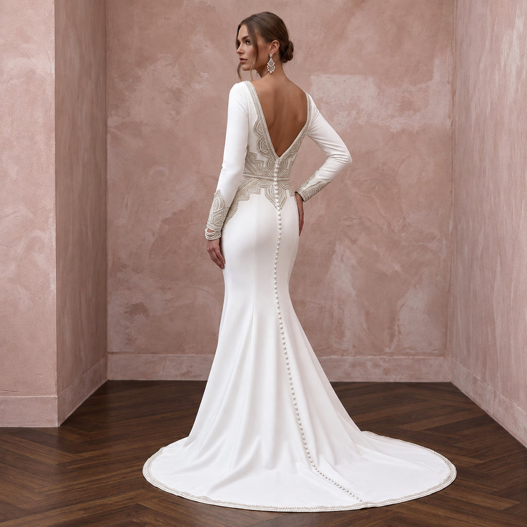 Pure White Heavy Crepe Long Sleeve Minimalist Mermaid Wedding Dress