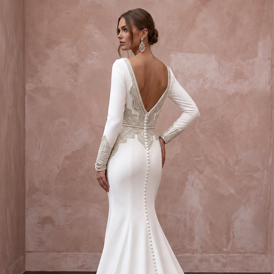 Pure White Heavy Crepe Long Sleeve Minimalist Mermaid Wedding Dress