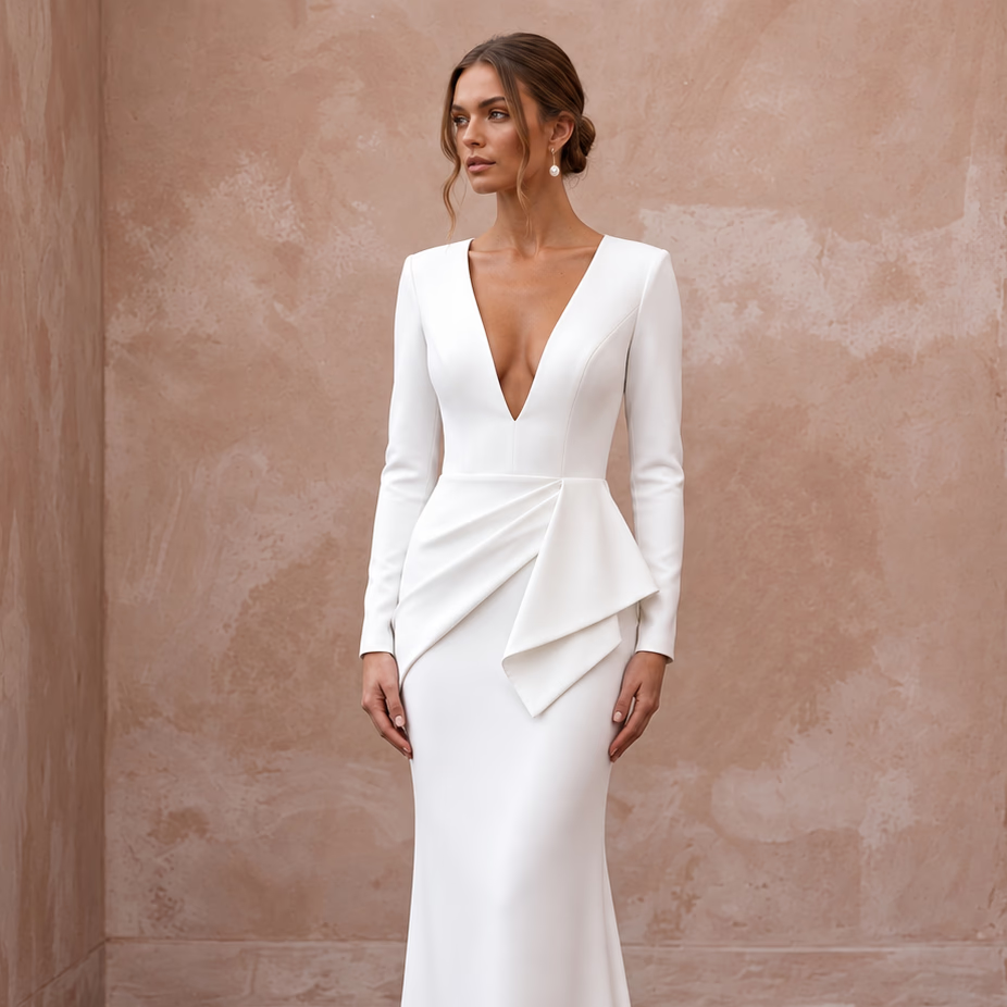Pure White Matte Crepe Plunge V-Neck Long Sleeve Column Gown