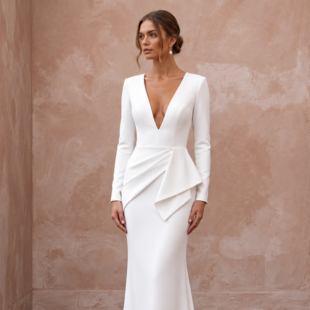 Pure White Matte Crepe Plunge V-Neck Long Sleeve Column Gown
