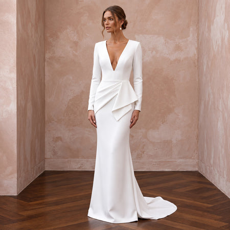 Pure White Matte Crepe Plunge V-Neck Long Sleeve Column Gown