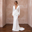 Pure White Matte Crepe Plunge V-Neck Long Sleeve Column Gown