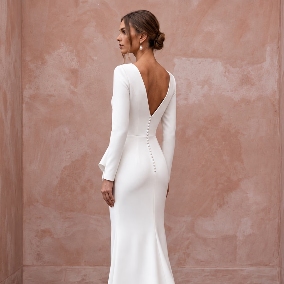 Pure White Matte Crepe Plunge V-Neck Long Sleeve Column Gown