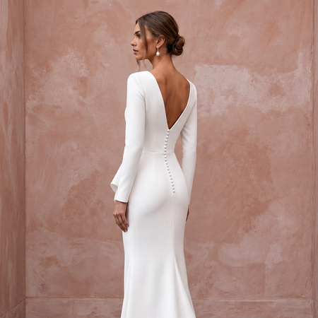 Pure White Matte Crepe Plunge V-Neck Long Sleeve Column Gown