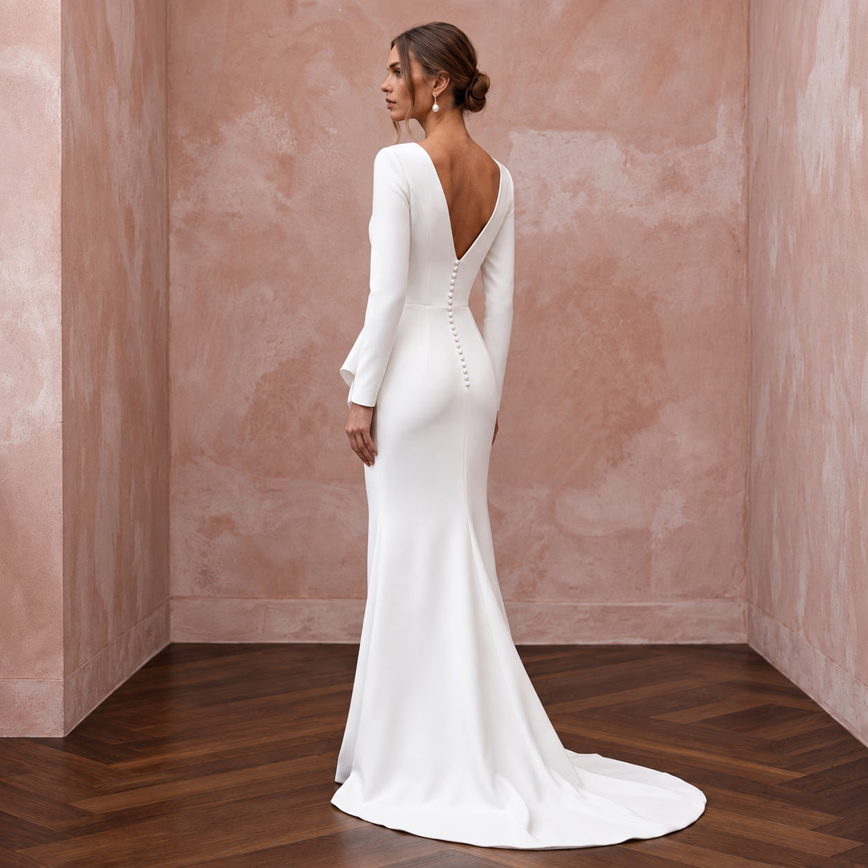 Pure White Matte Crepe Plunge V-Neck Long Sleeve Column Gown Secondary image