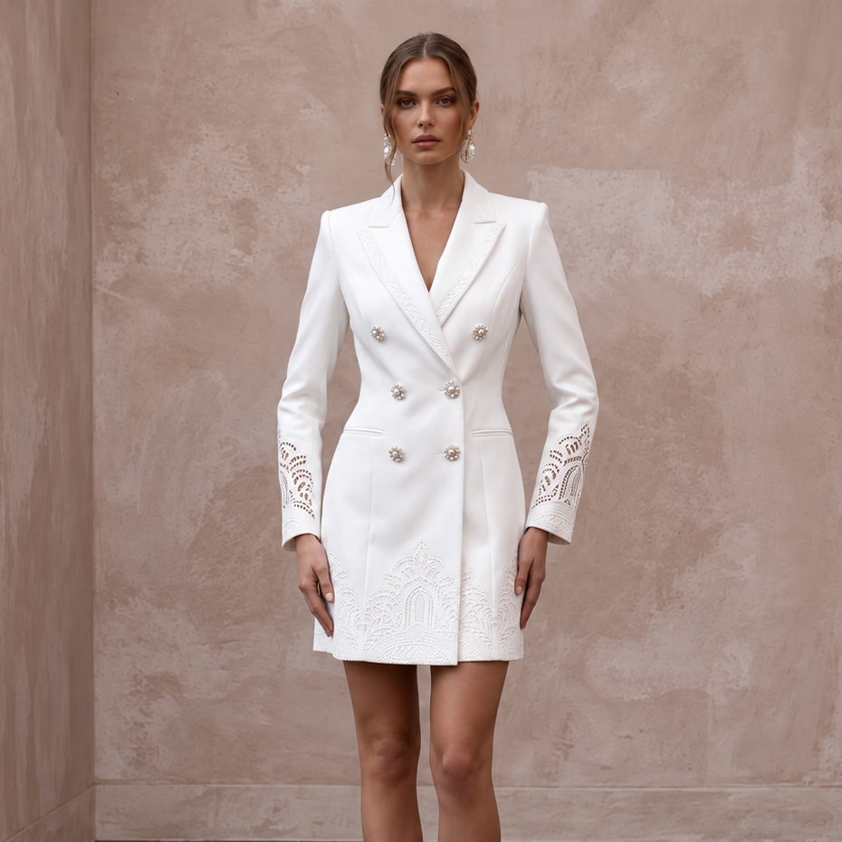 Pure White Matte Satin Double-Breasted Bridal Blazer Dress