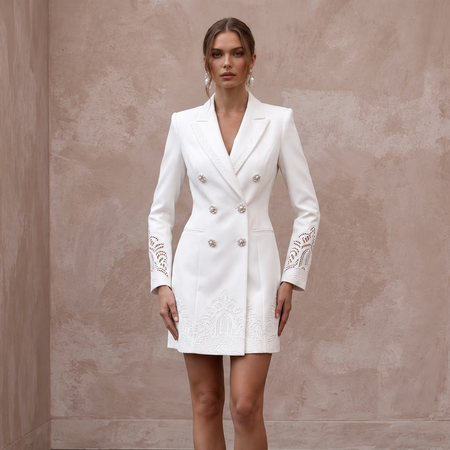 Pure White Matte Satin Double-Breasted Bridal Blazer Dress