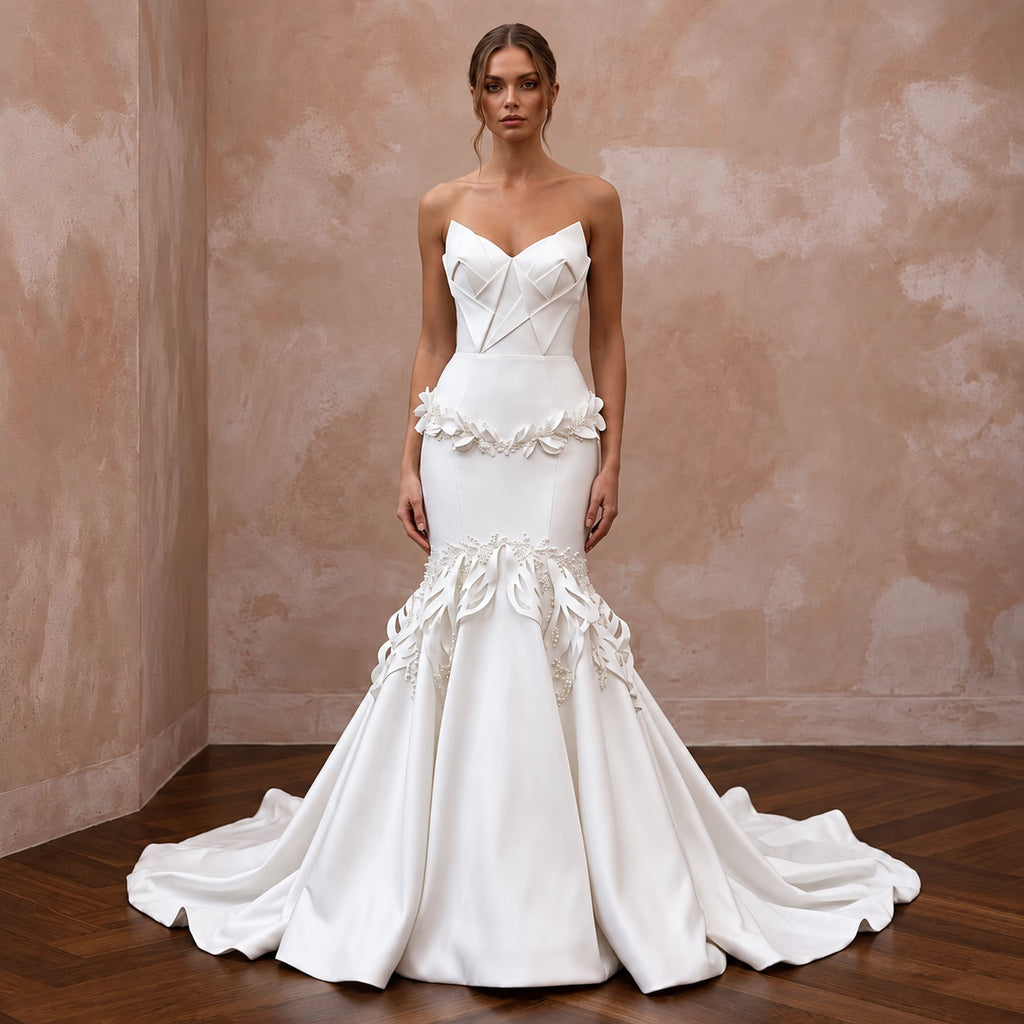 Pure White Matte Satin Dropped Waist Trumpet Wedding Dress