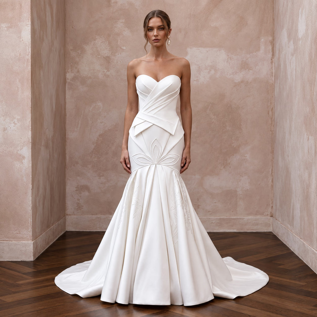 Pure White Matte Satin Dropped Waist Trumpet Wedding Dress