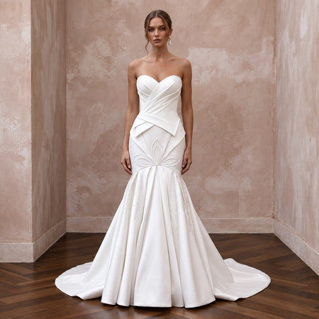Pure White Matte Satin Dropped Waist Trumpet Wedding Dress