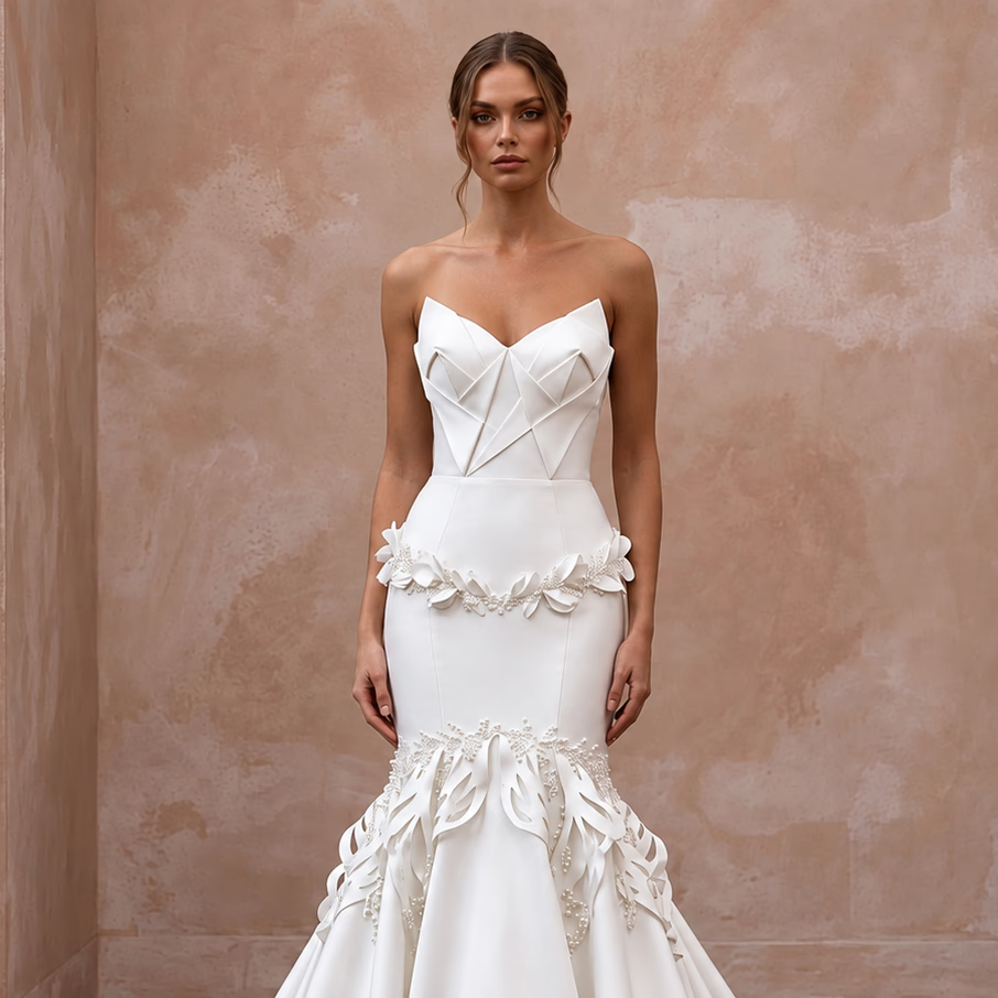 Pure White Matte Satin Dropped Waist Trumpet Wedding Dress