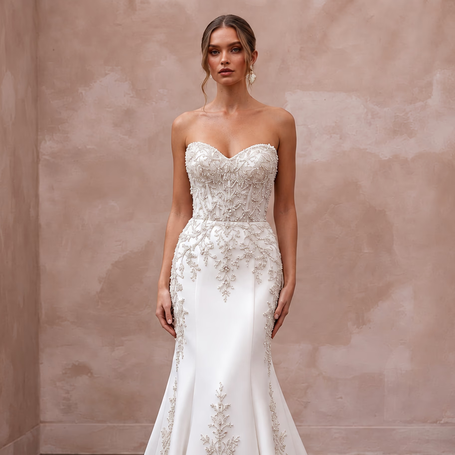 Pure white matte satin dropped waist trumpet wedding dress with intricate bead detailing on the bodice.