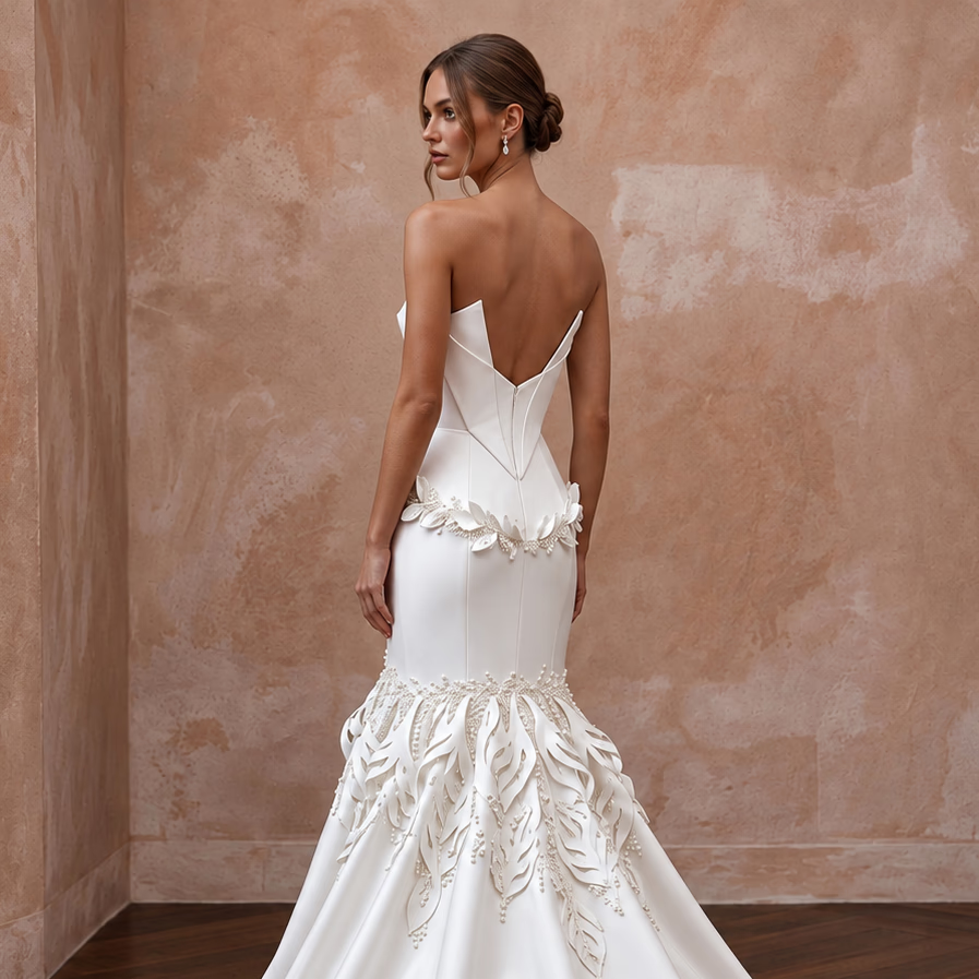 Pure White Matte Satin Dropped Waist Trumpet Wedding Dress