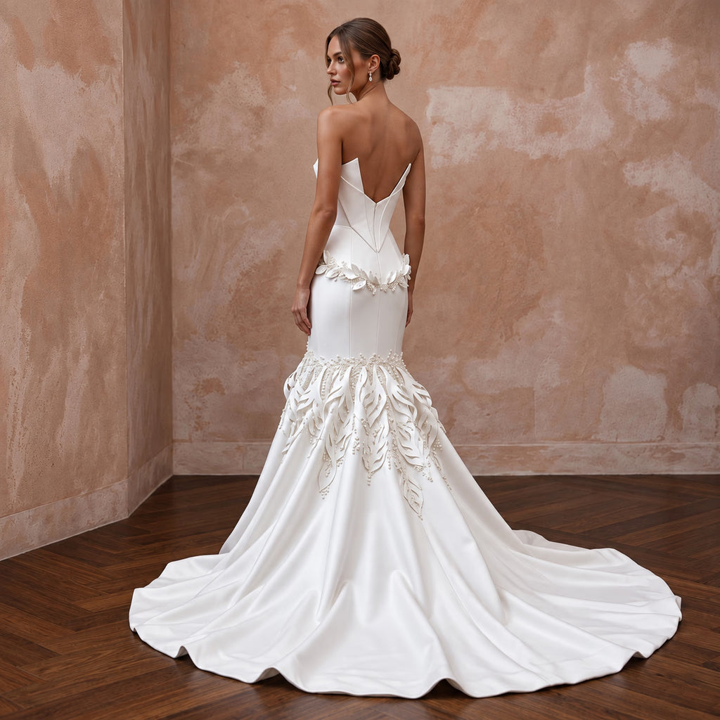 Pure White Matte Satin Dropped Waist Trumpet Wedding Dress