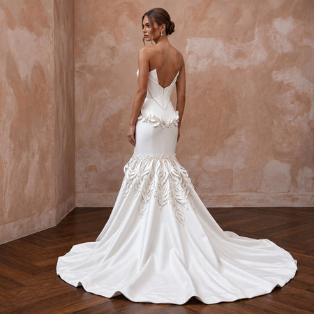 Pure White Matte Satin Dropped Waist Trumpet Wedding Dress