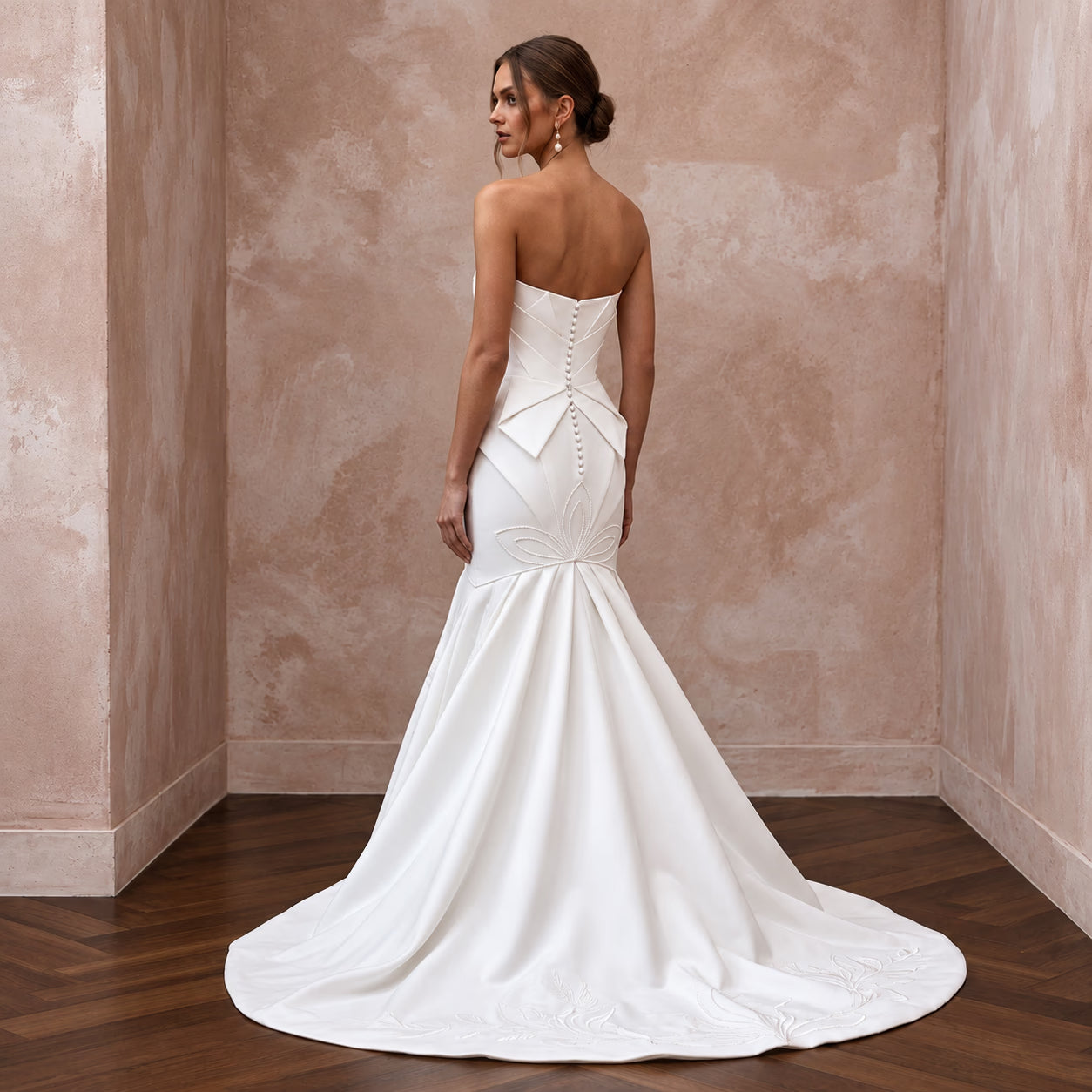 Pure White Matte Satin Dropped Waist Trumpet Wedding Dress Secondary image