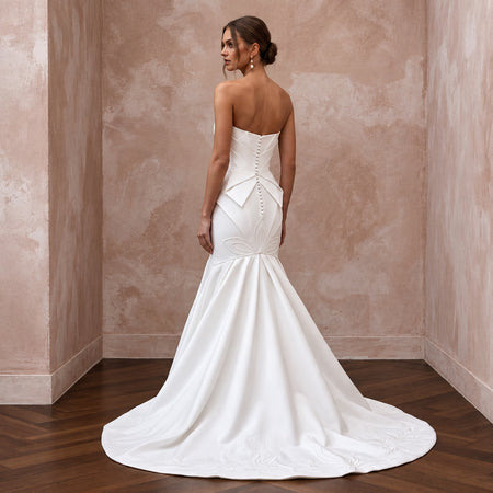 Pure White Matte Satin Dropped Waist Trumpet Wedding Dress