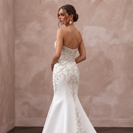 Elegant Pure White Matte Satin Dropped Waist Trumpet Wedding Dress with intricate bead detailing and strapless design.