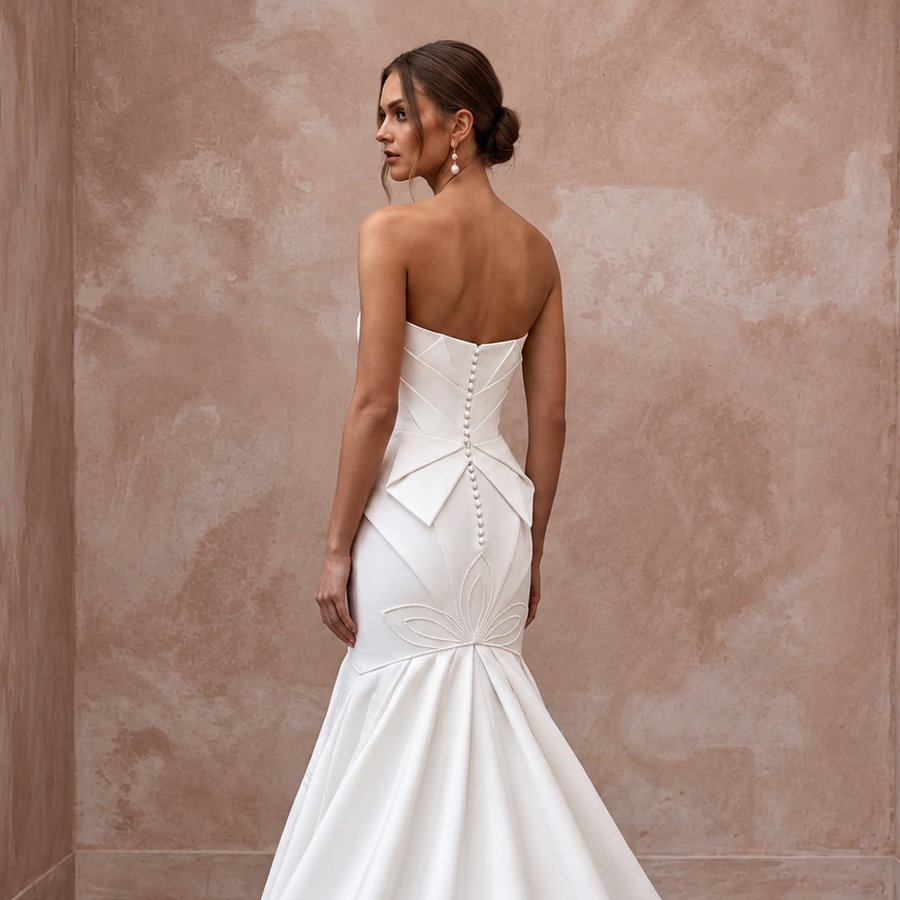 Pure White Matte Satin Dropped Waist Trumpet Wedding Dress