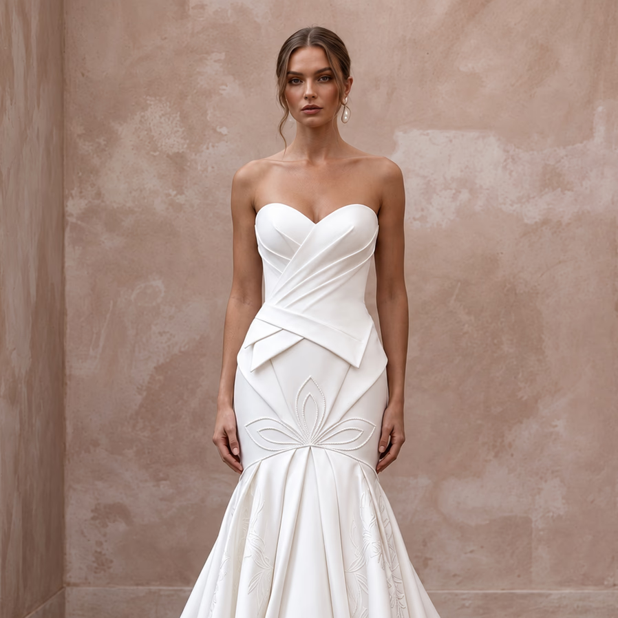 Pure White Matte Satin Dropped Waist Trumpet Wedding Dress