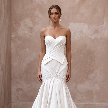 Pure White Matte Satin Dropped Waist Trumpet Wedding Dress