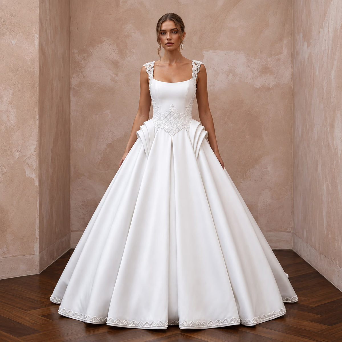 Pure White Mikado Silk Basque Waist Ball Gown for Church Ceremony