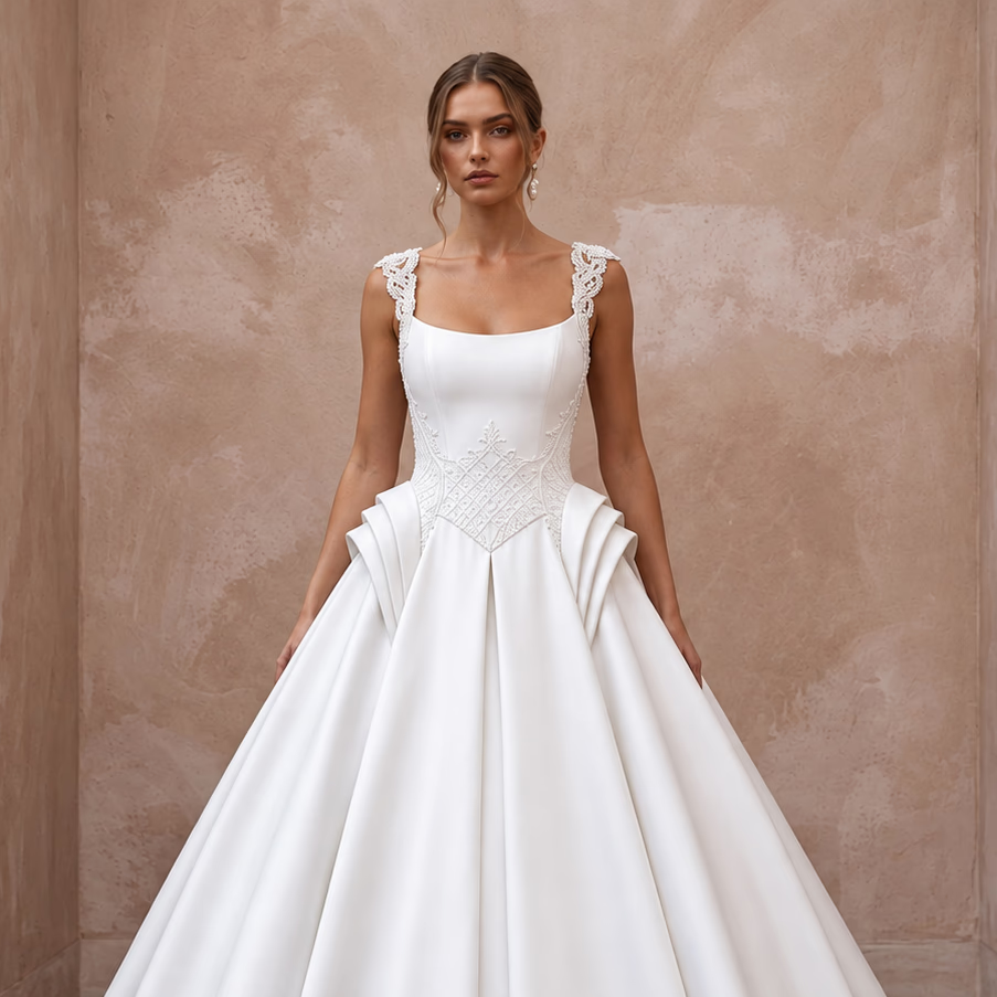 Pure White Mikado Silk Basque Waist Ball Gown for Church Ceremony