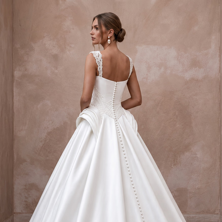Pure White Mikado Silk Basque Waist Ball Gown for Church Ceremony