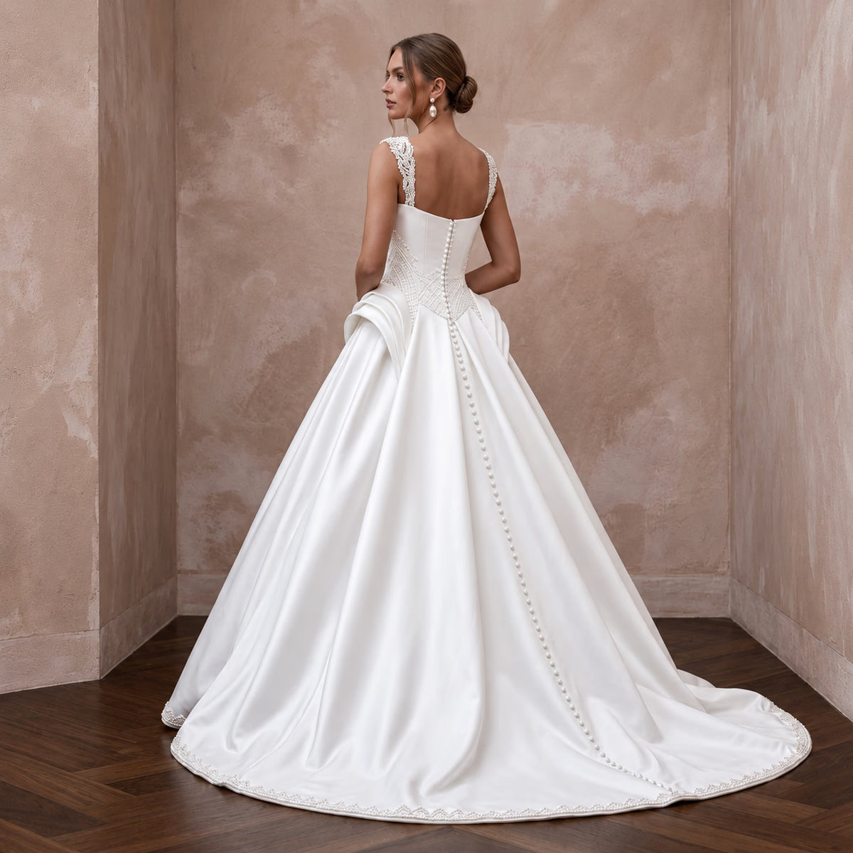Pure White Mikado Silk Basque Waist Ball Gown for Church Ceremony