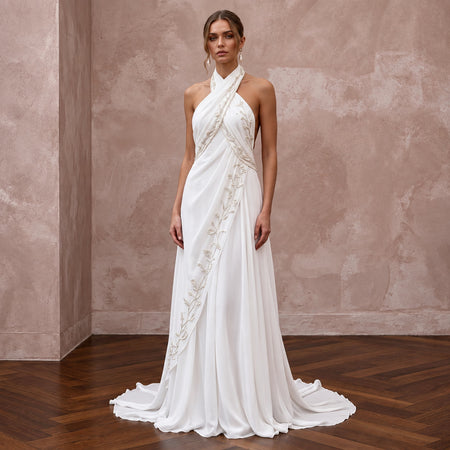 Pure White Silk Georgette Draped Halter Neck Backless Wedding Dress