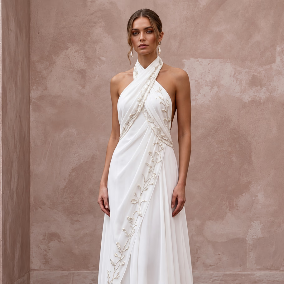 Pure White Silk Georgette Draped Halter Neck Backless Wedding Dress