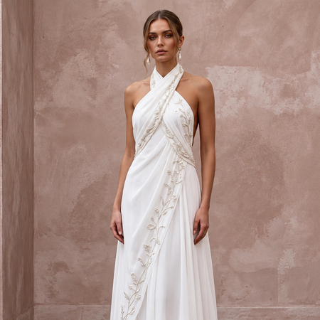 Pure White Silk Georgette Draped Halter Neck Backless Wedding Dress