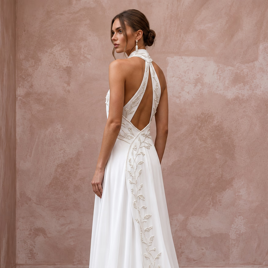 Pure White Silk Georgette Draped Halter Neck Backless Wedding Dress