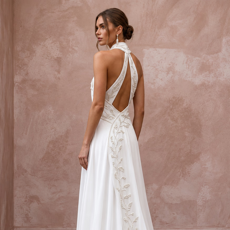 Pure White Silk Georgette Draped Halter Neck Backless Wedding Dress